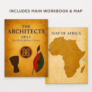K&ouml;nnte beinhalten: Zwei Lernmaterialien: ein Arbeitsbuch mit dem Titel "The Architects Era I The World Before Chains" und eine Karte von Afrika. Das Arbeitsbuch zeigt eine Trommel, einen Speer und ein Schild. Die Karte zeigt afrikanische Regionen.