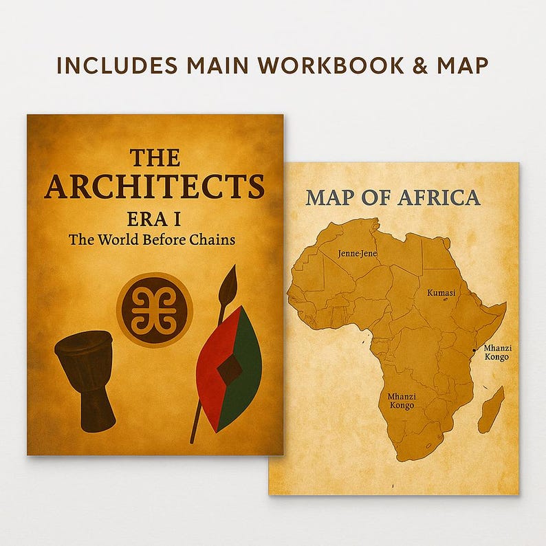 K&ouml;nnte beinhalten: Zwei Lernmaterialien: ein Arbeitsbuch mit dem Titel "The Architects Era I The World Before Chains" und eine Karte von Afrika. Das Arbeitsbuch zeigt eine Trommel, einen Speer und ein Schild. Die Karte zeigt afrikanische Regionen.
