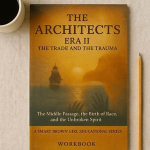 May include: A workbook titled "The Architects Era II: The Trade and the Trauma" with a ship illustration on the cover. The book is part of "A Smart Brown Girl Educational Series." A cup of coffee and a pencil are next to the book.