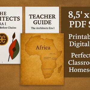 K&ouml;nnte beinhalten: Ein PDF-Set mit dem Titel "The Architects Era I" und einem Lehrerhandbuch. Das Set enth&auml;lt eine Karte von Afrika und Illustrationen. Der Text lautet "Printable & Digital Use" und "8,5 x 11 PDF Set".