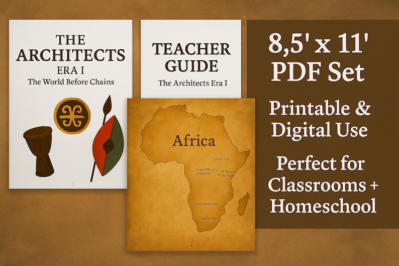 K&ouml;nnte beinhalten: Ein PDF-Set mit dem Titel "The Architects Era I" und einem Lehrerhandbuch. Das Set enth&auml;lt eine Karte von Afrika und Illustrationen. Der Text lautet "Printable & Digital Use" und "8,5 x 11 PDF Set".