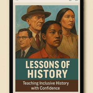 Puede incluir: Una tableta digital muestra una portada de libro titulada "LESSONS OF HISTORY". La portada presenta retratos de cuatro individuos diversos. Debajo del título, el texto dice "Teaching Inclusive History with Confidence".