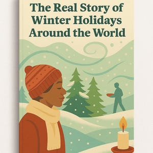 May include: Book cover titled "The Real Story of Winter Holidays Around the World." The illustration features a person in a red hat and scarf, a snowy landscape, evergreen trees, and a lit candle.