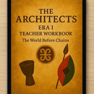 K&ouml;nnte beinhalten: Ein digitales Tablet zeigt ein Buchcover mit dem Titel "THE ARCHITECTS ERA I TEACHER WORKBOOK The World Before Chains". Das Cover zeigt eine braune Trommel, einen Schild und einen Speer auf gelbem Hintergrund.