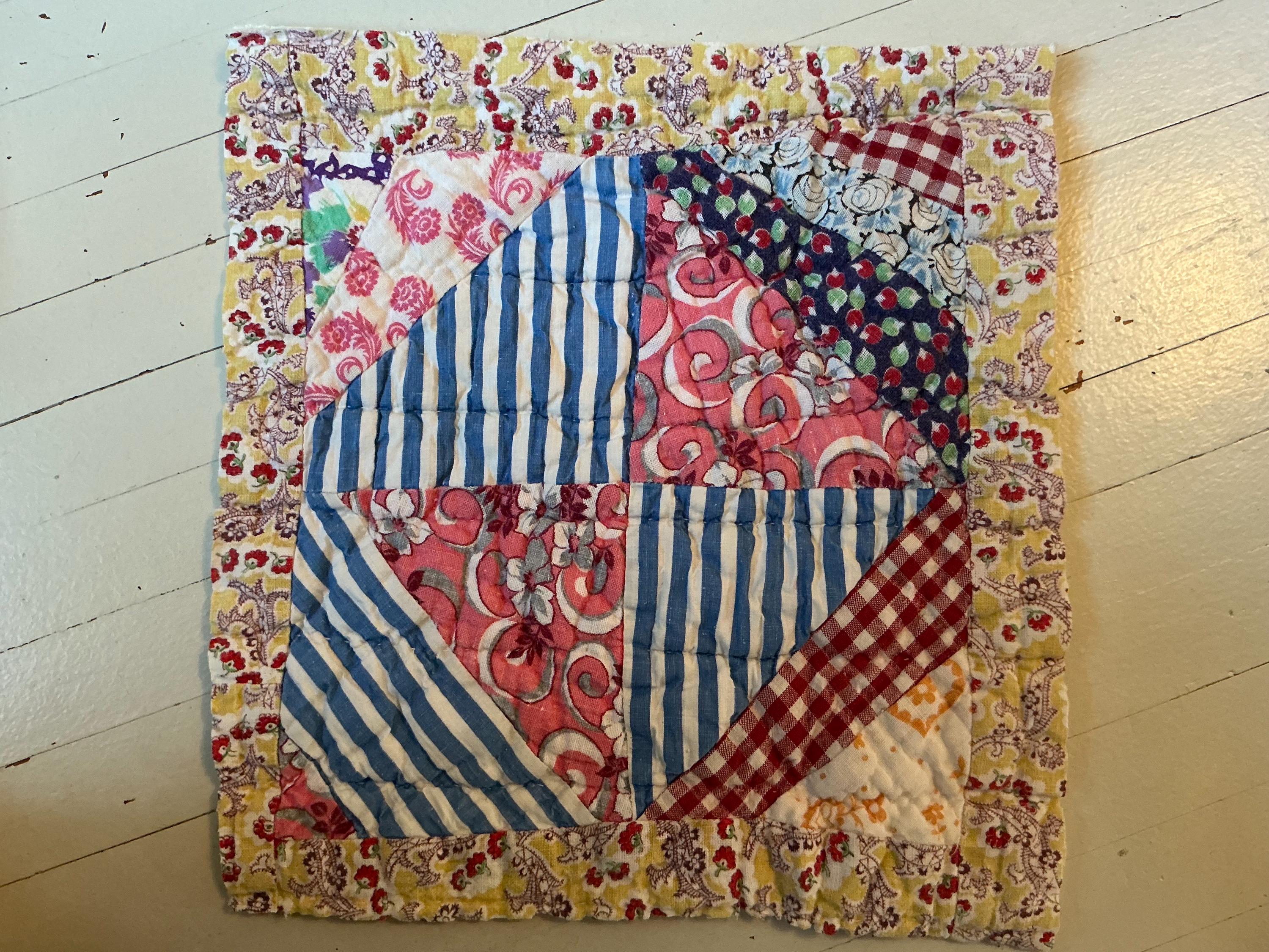 Quiltbot Vintage Hand Quilted Patchwork Quilt Block-colorful Antique Textile ...