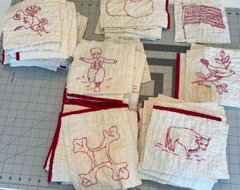 Antique Redwork Quilt Fragments | Hand-Stitched Textile Pieces for Journals