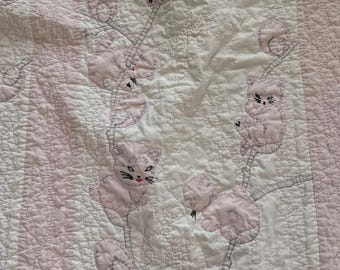 Vintage Appliqué Cat Crib Quilt | Toddler Quilt in Pale Pink & White | Hand Stitched Cats, Whimsical Nursery Quilt