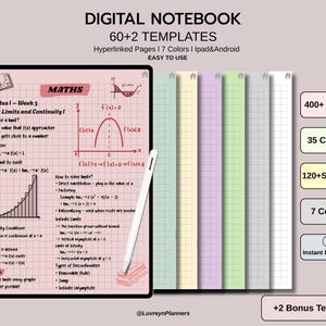 May include: Digital notebook with 60+2 templates, hyperlinked pages, and 7 colors. The image shows a digital tablet displaying math notes, a stylus, and several color-coded paper templates. Includes 400+ pages, 35 covers, and 120+ stickers.