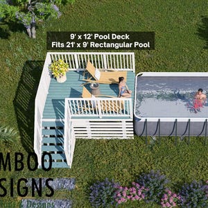 Tulsa 21 x 9 zwembadterras – 9 x 12 bovengronds zwembadtoegangsdek met platform en leuningen | DIY pdf-plannen