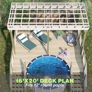 Könnte beinhalten: Draufsicht auf eine Holzterrasse mit Pool, Liegestühlen und Pergola. Der Terrassenplan ist 4,88 m x 6,10 m und passt für 3,66 m runde Pools. Der Text "BAMBOO DESIGNS" und "16'X20' DECK PLAN Fits 12' round pools" ist enthalten.