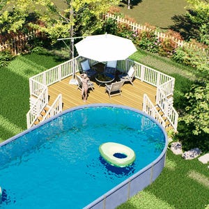 May include: An aerial view of a backyard featuring an oval above-ground swimming pool with blue water, a wooden deck with a white umbrella and chairs, a swing set, and a solar panel array. The text BAMBOO DESIGNS Home Plans & Designs is visible.