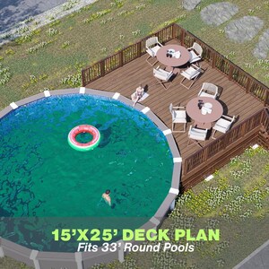 Sheila Pool Deck Plan – 15'x25' Above-Ground Pool Deck for 33’ Round Pools with Stair Access | DIY PDF Plans