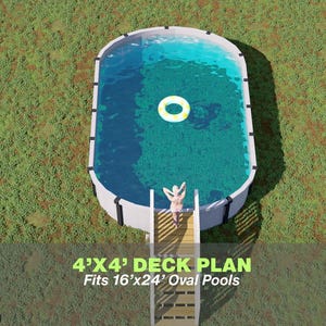 May include: An overhead view of an oval-shaped pool with a deck plan. The pool has blue and turquoise water with a yellow inflatable ring. The deck plan is labeled "4'X4' DECK PLAN Fits 16'x24' Oval Pools". The image also shows a white swing set.