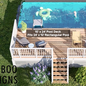 Plano de terraza de piscina rectangular de 10 x 24 en Lake Heron: terraza elevada con barandillas y escalera (PDF para bricolaje)
