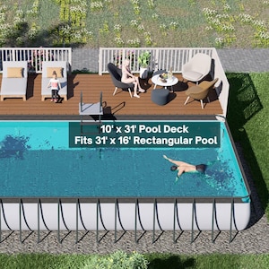 Stone Gate 10 x 31 rechthoekig zwembadterras: modern bovengronds zwembadterras met ruime lounge en 6-traps toegang | DIY pdf-plannen