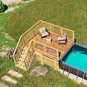 Puede incluir: Una vista aérea de una piscina rectangular sobre el suelo con lados gris oscuro y agua turquesa brillante, conectada a una terraza de madera en forma de L con barandillas, escaleras y dos sillas. El texto BAMBOO DESIGNS Home Plans & Designs es visible.