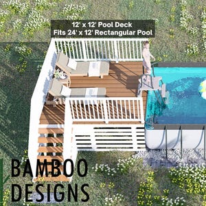 May include: An aerial view of a rectangular pool with a deck. The pool is filled with clear blue water, and a person is swimming inside. A yellow and green inflatable ring floats in the water. The deck is made of wood and has white railings. Text on the image reads: "12' x 12' Pool Deck Fits 24' x 12' Rectangular Pool."