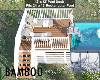 Plano de terraza de piscina Grove Shore de 12 x 12 cuadrados: terraza elevada sobre el suelo con barandillas y escalera (PDF para bricolaje)