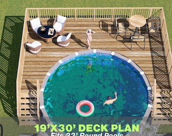 Jade Pool Deck Plan – 19'x30' Large Above-Ground Pool Deck for 22’ Round Pools with Stair Access | DIY PDF Plans