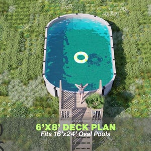 May include: An aerial view of an oval-shaped pool with a deck plan. The pool is filled with blue-green water and has a white inflatable ring floating in it. The deck plan is labeled "6'X8' DECK PLAN Fits 16'x24' Oval Pools". The pool is surrounded by green grass.