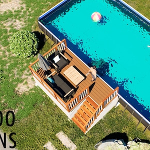 Puede incluir: Una piscina rectangular sobre el suelo con agua turquesa brillante, una pelota de playa multicolor y una cubierta de madera adjunta con muebles de exterior negros, una mesa pequeña y escaleras. El texto BAMBOO DESIGNS Home Plans & Designs es visible.