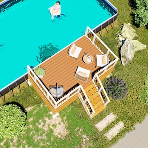 Plano de terraza para piscina Willowbrook de 9x15 pies — Terraza rectangular para piscina elevada de 36' x 18' x 52" / Planos en PDF para bricolaje