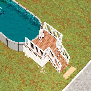 May include: An oval above-ground swimming pool with dark gray walls and blue water, featuring a yellow inflatable ring and a wooden deck with white railings and stairs. The text BAMBOO DESIGNS Home Plans & Designs is visible in the corner.