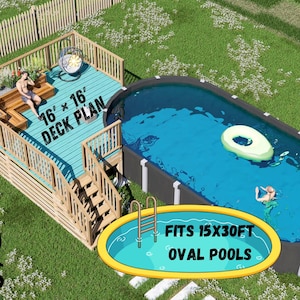 May include: A 3D rendering of a backyard with a wooden deck plan and an oval pool. The deck is labeled "16' x 16' DECK PLAN". The pool is labeled "FITS 15X30FT OVAL POOLS". The image also includes the text "BAMBOO DESIGNS".