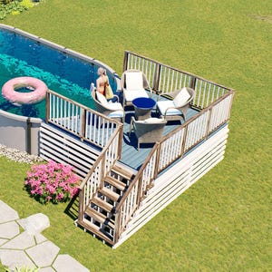 May include: An oval above-ground swimming pool with a pink inflatable ring, connected to a wooden deck featuring white railings, stairs, and outdoor furniture. A blue and white house stands nearby, with a stone path leading through the green lawn.