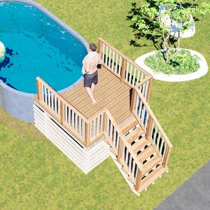 May include: An oval above-ground swimming pool with blue water and a multi-colored inflatable ball, featuring a wooden deck with white railings and stairs. The text BAMBOO DESIGNS is visible in the bottom left corner of the image.