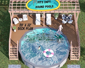 Plano de terraza circular para piscina Pinellas de 20 x 32 pulgadas: terraza elevada con pérgola, espacio de ocio y salón al aire libre, planos de construcción en PDF