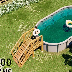 May include: An oval above-ground swimming pool with dark gray walls and a wooden staircase entrance. The pool contains clear blue water and a white floating ring. The text BAMBOO DESIGNS HOME PLANS & DESIGNS is visible in the bottom left corner.