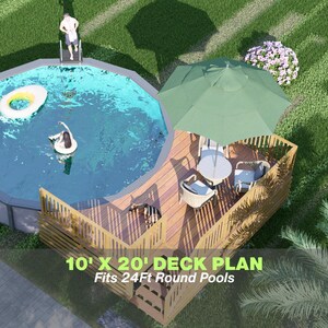 May include: An overhead view of a garden with a circular pool, a wooden deck, and a green parasol. The deck plan is labelled "10' X 20' DECK PLAN" and fits 7.3m round pools. The image also includes the "BAMBOO DESIGNS" logo.