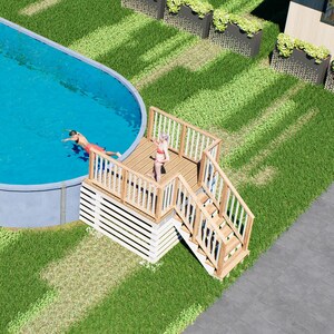 Berley Oval Pool Deck Plan – 6'x8' Above-Ground Pool Entry Deck with Staircase & Safety Railings | DIY PDF Plans for 21'x43' Oval Pools