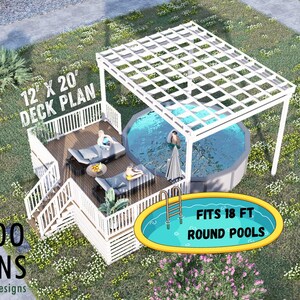 May include: An aerial view of a deck plan with a pool and pergola. The deck plan is labeled "12' X 20' DECK PLAN". A round pool is under a white pergola. The text "FITS 18 FT ROUND POOLS" is displayed. The image also includes the "BAMBOO DESIGNS" logo.