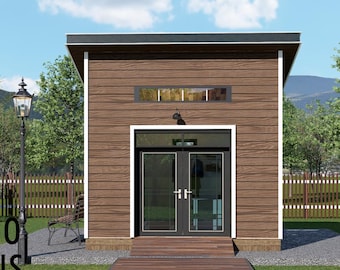Amber 12x12 Backyard Office Shed Plan – Modern Sloped Roof Studio | DIY Building Plans (PDF)