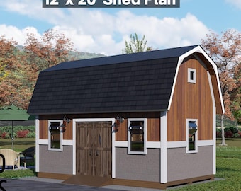 May include: A digitally rendered shed plan with the text "12' x 20' Shed Plan". The shed has a dark gray roof, brown wood siding, and gray lower walls. The design includes windows, a door, and the "Bamboo Designs" logo.
