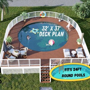 Może przedstawiać: Widok z góry na plan pokładu basenu z tekstem "32' X 37' DECK PLAN". Pokład posiada białą balustradę, leżaki, stół i basen z piłką plażową. Widoczny jest również tekst "FITS 24FT ROUND POOLS".