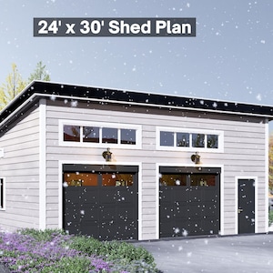 Blitz 24x30 Garage Shed Plan - Eine moderne Garage mit Querbalkenfenstern und glatten schwarzen Türen