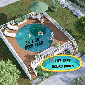 Highpoint 34x34 Kreis Pool Deck Plan - DIY oberirdisches Pool Deck | Wrap-Around Lounge & Unterhaltungsraum | PDF Bauplänen