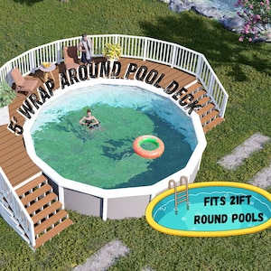 Puede incluir: Vista aérea de una piscina redonda con una terraza de madera. La terraza tiene escaleras y una barandilla blanca. El texto "5' WRAP AROUND POOL DECK" es visible. La imagen también incluye el texto "FITS 21FT ROUND POOLS" y "BAMBOO DESIGNS".