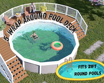 Plano de terraza circular para piscina Lantana – Terraza envolvente de 1,5 m con 2 escaleras / Planos en PDF para construir usted mismo