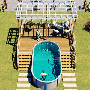 May include: An aerial view of a backyard design featuring an oval above-ground swimming pool attached to a wooden deck with a white pergola. The deck includes a dining set and seating. Outdoor fitness equipment is arranged in the background.