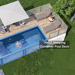 May include: An aerial view of a container pool deck with a blue rectangular pool. The deck includes lounge chairs, a white umbrella, and stairs. The text "Bamboo Designs" is visible.