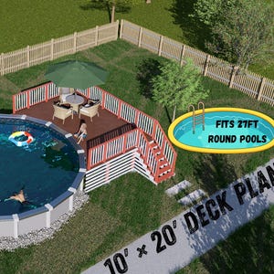 May include: An aerial view of a backyard pool with a wooden deck. The deck has a table, chairs, and an umbrella. The pool is round and has a person swimming in it. Text on the image says "Bamboo Designs" and "10' x 20' DECK PLAN".