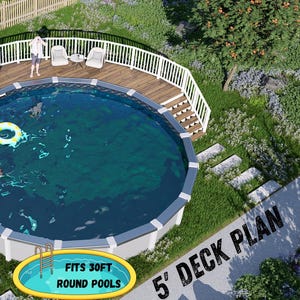 May include: A 30-foot round pool with a wooden deck and white railing. The deck includes stairs, chairs, and a small table. The pool has a swimmer and a yellow inflatable ring. The image includes the text "Bamboo Designs" and "5' Deck Plan".