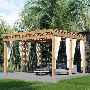 May include: A wooden pergola with white curtains, a seating area, and a small table. The structure is surrounded by lush greenery, including palm trees and bamboo. The text "BAMBOO DESIGNS" is visible in the lower left corner.