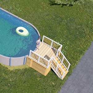 May include: An oval above-ground swimming pool with light gray walls and a wooden deck featuring white railings. The pool contains clear blue water, a person swimming, and a light green inflatable ring. The text BAMBOO DESIGNS appears in the corner.
