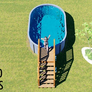 May include: An oval-shaped above-ground swimming pool with blue water and a wooden staircase leading to the edge. The text BAMBOO DESIGNS Home Plans & Designs is visible in the lower left corner of this aerial view of a backyard landscape.