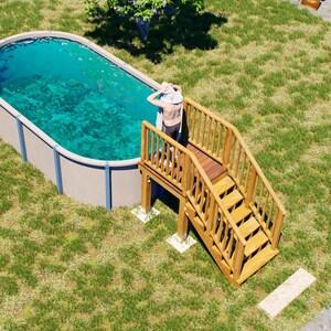 May include: An oval above-ground swimming pool with light-colored walls and clear blue water. A wooden staircase with railings provides access to the pool edge. The text BAMBOO DESIGNS Home Plans & Designs is visible in the bottom left corner.